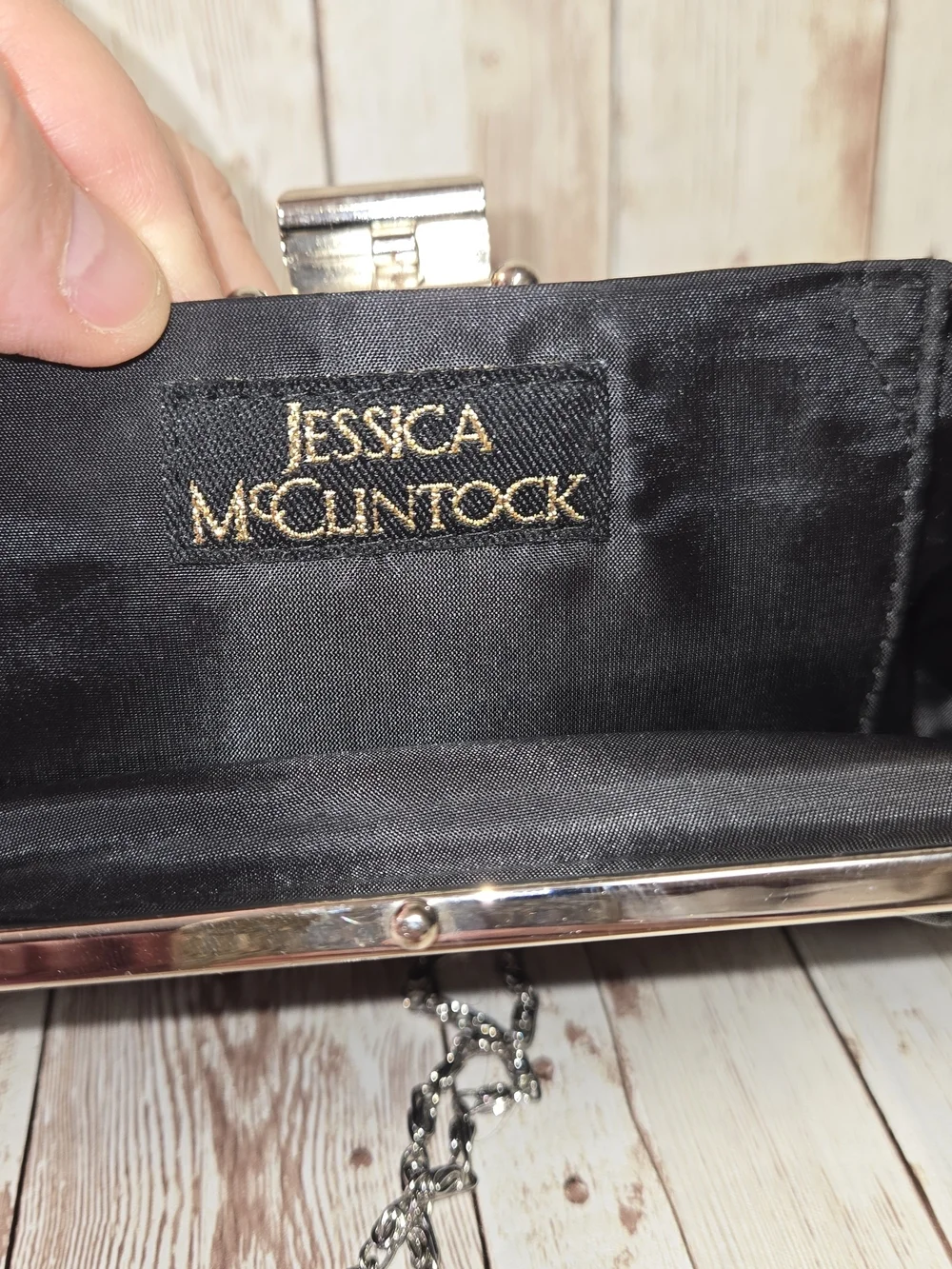 Jessica McClintock Black Satin Clutch Silver Chain Strap Evening Bag